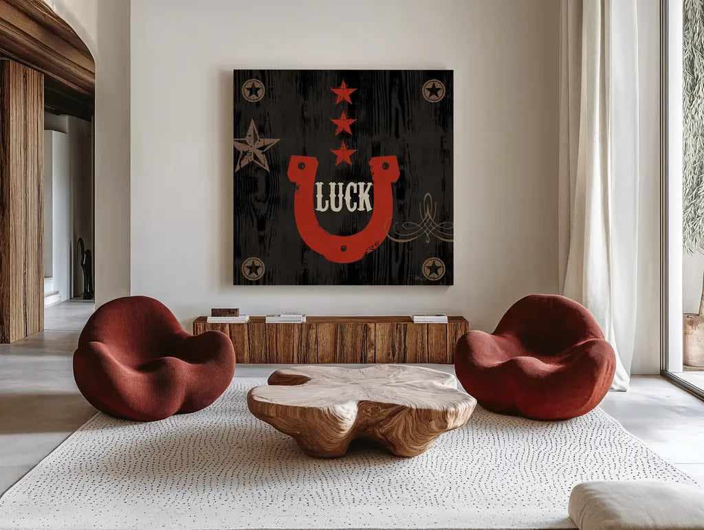 Saddle Up Icon I by Pela Studio. Shown as extra-large giant wall art in a modern living room. Available as an archival giclee rolled canvas, fine art paper, or poster print. SKU 69503a.