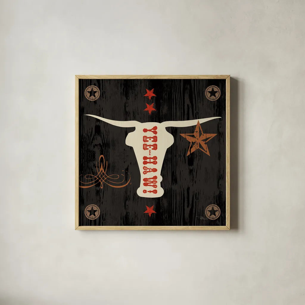 Saddle Up Icon IV by Pela Studio. Shown in a natural wood glass frame for a timeless modern aesthetic. Available as an archival giclee rolled canvas, fine art paper, or poster print. SKU 69506a.