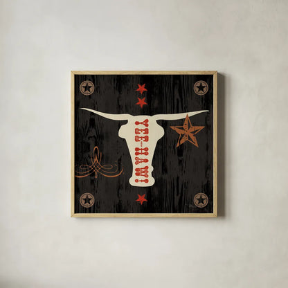 Saddle Up Icon IV by Pela Studio. Shown in a natural wood glass frame for a timeless modern aesthetic. Available as an archival giclee rolled canvas, fine art paper, or poster print. SKU 69506a.