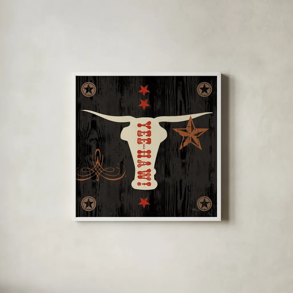 Saddle Up Icon IV by Pela Studio. Shown in a crisp white glass frame for a clean and minimalist style. Available as an archival giclee rolled canvas, fine art paper, or poster print. SKU 69506a.