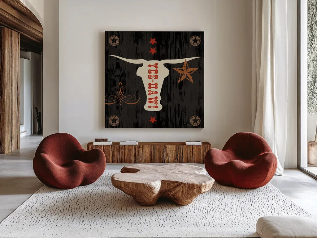 Saddle Up Icon IV by Pela Studio. Shown as extra-large giant wall art in a modern living room. Available as an archival giclee rolled canvas, fine art paper, or poster print. SKU 69506a.