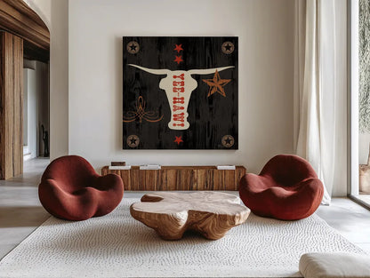 Saddle Up Icon IV by Pela Studio. Shown as extra-large giant wall art in a modern living room. Available as an archival giclee rolled canvas, fine art paper, or poster print. SKU 69506a.