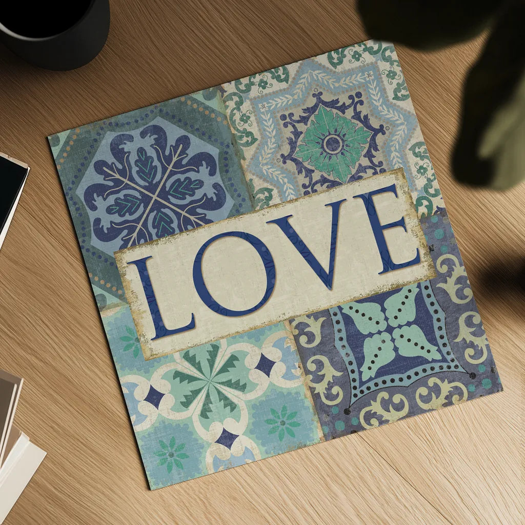 Santorini I Love by Pela Studio. Shown as a detailed flat fine art print, highlighting archival giclee quality. Available as an archival giclee rolled canvas, fine art paper, or poster print. SKU 12150a.