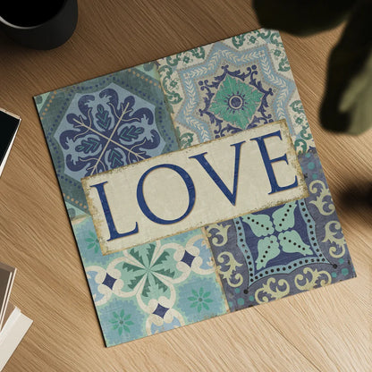 Santorini I Love by Pela Studio. Shown as a detailed flat fine art print, highlighting archival giclee quality. Available as an archival giclee rolled canvas, fine art paper, or poster print. SKU 12150a.