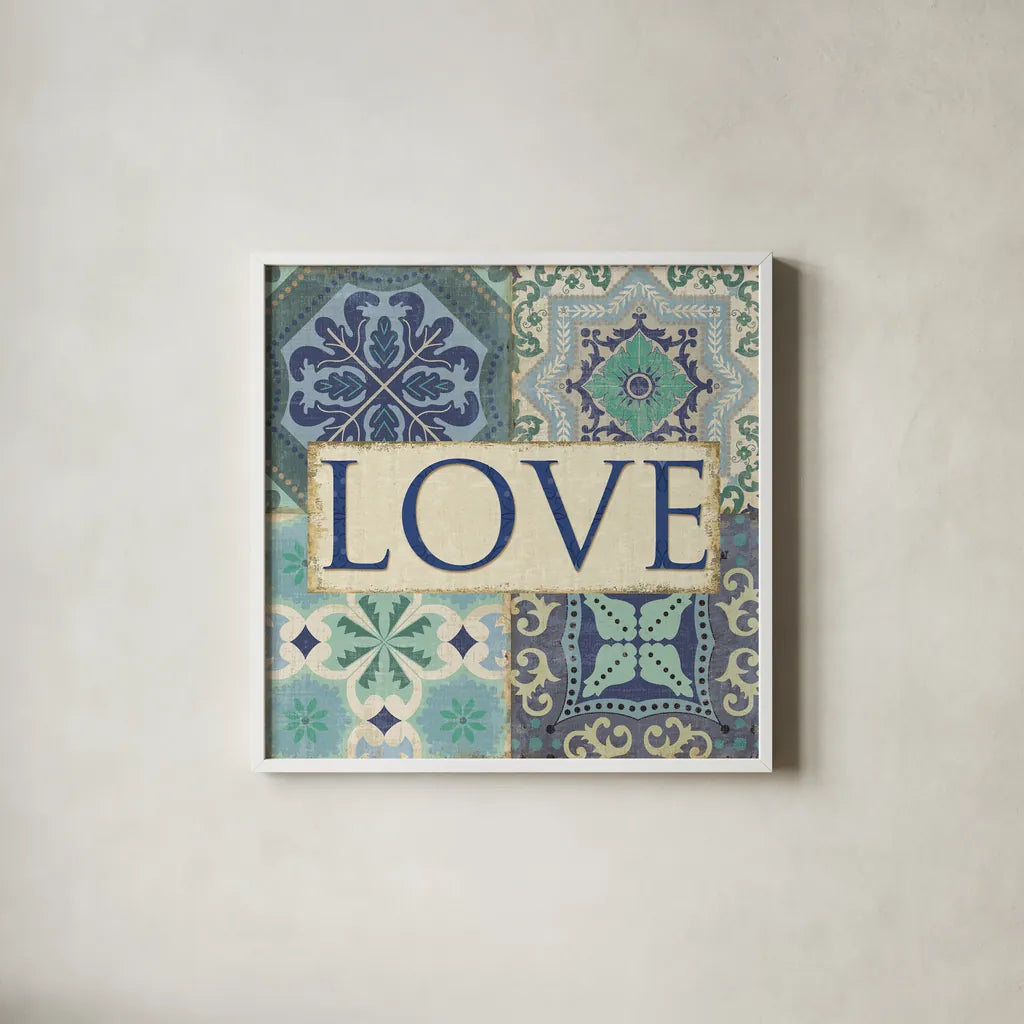 Santorini I Love by Pela Studio. Shown in a crisp white glass frame for a clean and minimalist style. Available as an archival giclee rolled canvas, fine art paper, or poster print. SKU 12150a.