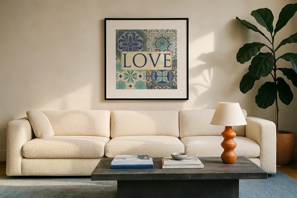 Santorini I Love by Pela Studio. Displayed in a glass frame with matte in a clean modern living room. Available as an archival giclee rolled canvas, fine art paper, or poster print. SKU 12150a.