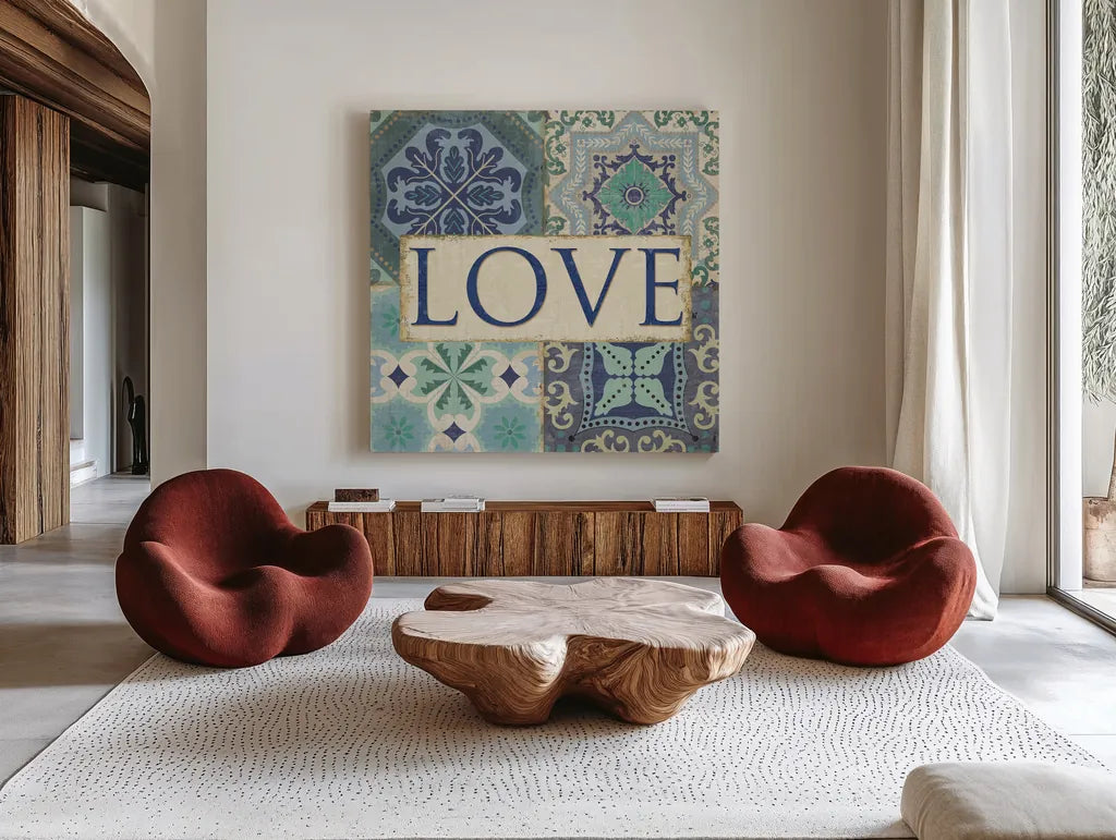 Santorini I Love by Pela Studio. Shown as extra-large giant wall art in a modern living room. Available as an archival giclee rolled canvas, fine art paper, or poster print. SKU 12150a.