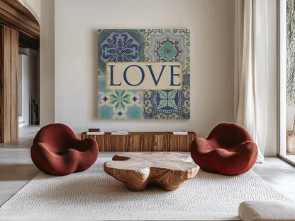 Santorini I Love by Pela Studio. Shown as extra-large giant wall art in a modern living room. Available as an archival giclee rolled canvas, fine art paper, or poster print. SKU 12150a.