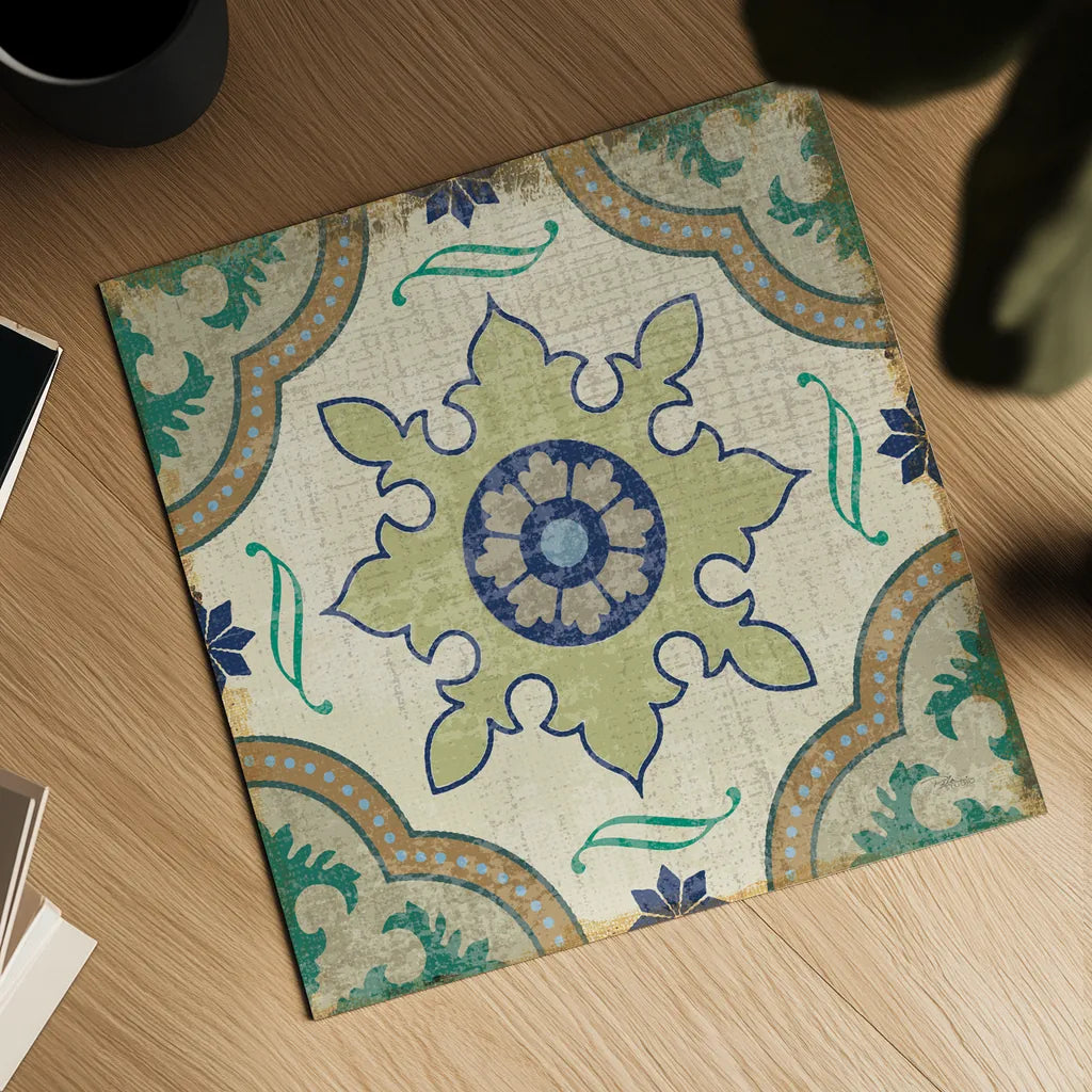 Santorini Tile I 12x12 by Pela Studio. Shown as a detailed flat fine art print, highlighting archival giclee quality. Available as an archival giclee rolled canvas, fine art paper, or poster print. SKU 12210a.