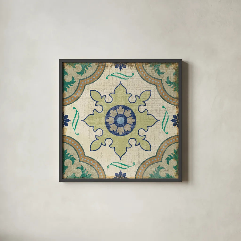 Santorini Tile I 12x12 by Pela Studio. Shown in a sleek black glass frame for a contemporary gallery look. Available as an archival giclee rolled canvas, fine art paper, or poster print. SKU 12210a.