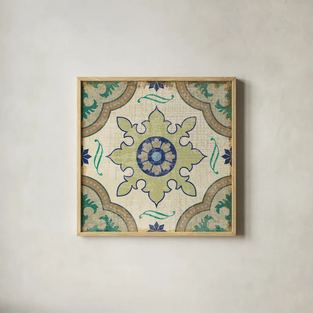 Santorini Tile I 12x12 by Pela Studio. Shown in a natural wood glass frame for a timeless modern aesthetic. Available as an archival giclee rolled canvas, fine art paper, or poster print. SKU 12210a.