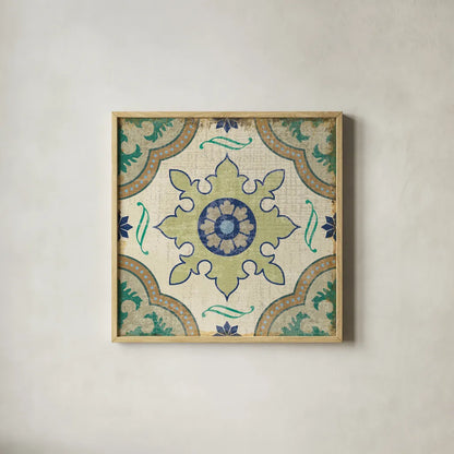 Santorini Tile I 12x12 by Pela Studio. Shown in a natural wood glass frame for a timeless modern aesthetic. Available as an archival giclee rolled canvas, fine art paper, or poster print. SKU 12210a.