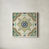Santorini Tile I 12x12 by Pela Studio. Shown in a crisp white glass frame for a clean and minimalist style. Available as an archival giclee rolled canvas, fine art paper, or poster print. SKU 12210a.