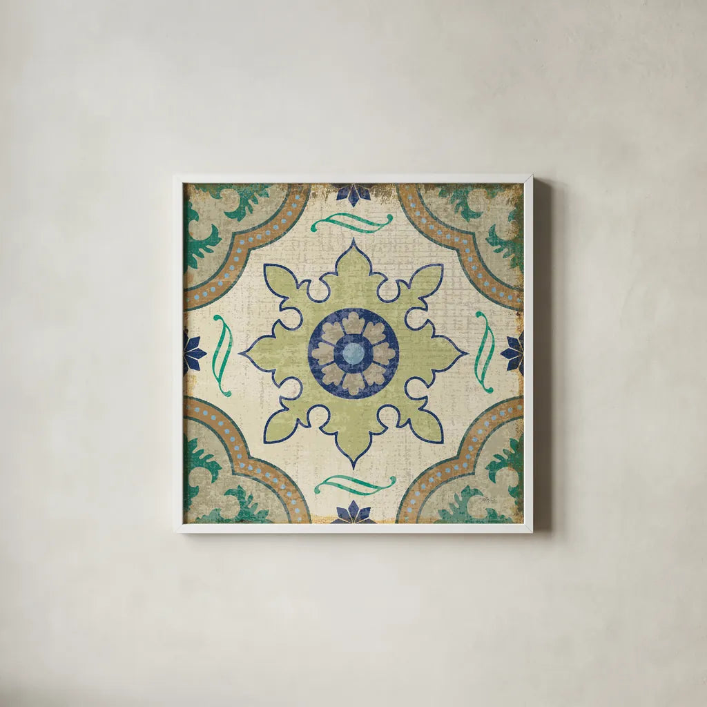 Santorini Tile I 12x12 by Pela Studio. Shown in a crisp white glass frame for a clean and minimalist style. Available as an archival giclee rolled canvas, fine art paper, or poster print. SKU 12210a.