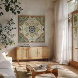 Santorini Tile I 12x12 by Pela Studio. Shown in a natural wood frame in a cozy modern living room. Available as an archival giclee rolled canvas, fine art paper, or poster print. SKU 12210a.