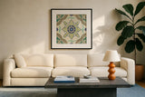 Santorini Tile I 12x12 by Pela Studio. Displayed in a glass frame with matte in a clean modern living room. Available as an archival giclee rolled canvas, fine art paper, or poster print. SKU 12210a.