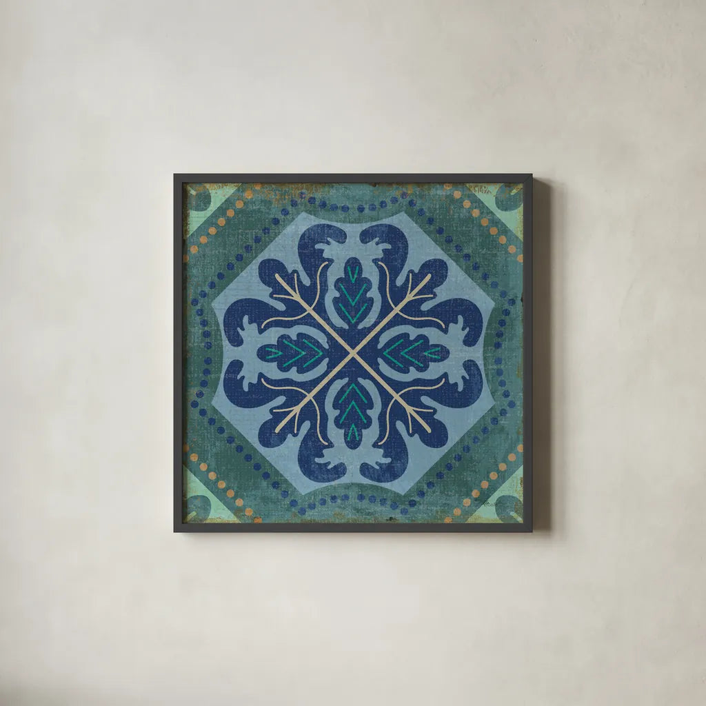 Santorini Tile II by Pela Studio. Shown in a sleek black glass frame for a contemporary gallery look. Available as an archival giclee rolled canvas, fine art paper, or poster print. SKU 12444a.