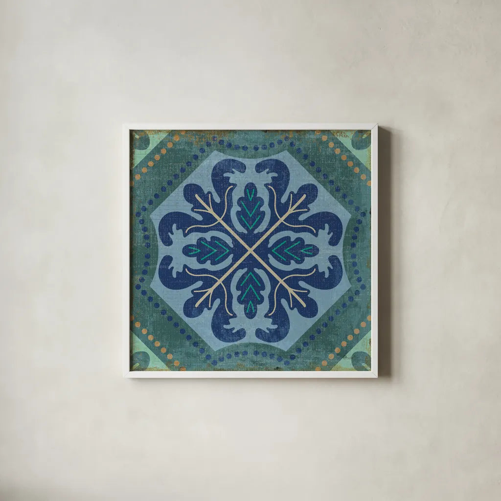 Santorini Tile II by Pela Studio. Shown in a crisp white glass frame for a clean and minimalist style. Available as an archival giclee rolled canvas, fine art paper, or poster print. SKU 12444a.