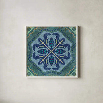 Santorini Tile II by Pela Studio. Shown in a crisp white glass frame for a clean and minimalist style. Available as an archival giclee rolled canvas, fine art paper, or poster print. SKU 12444a.