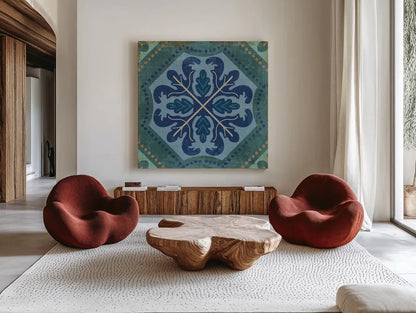 Santorini Tile II by Pela Studio. Shown as extra-large giant wall art in a modern living room. Available as an archival giclee rolled canvas, fine art paper, or poster print. SKU 12444a.