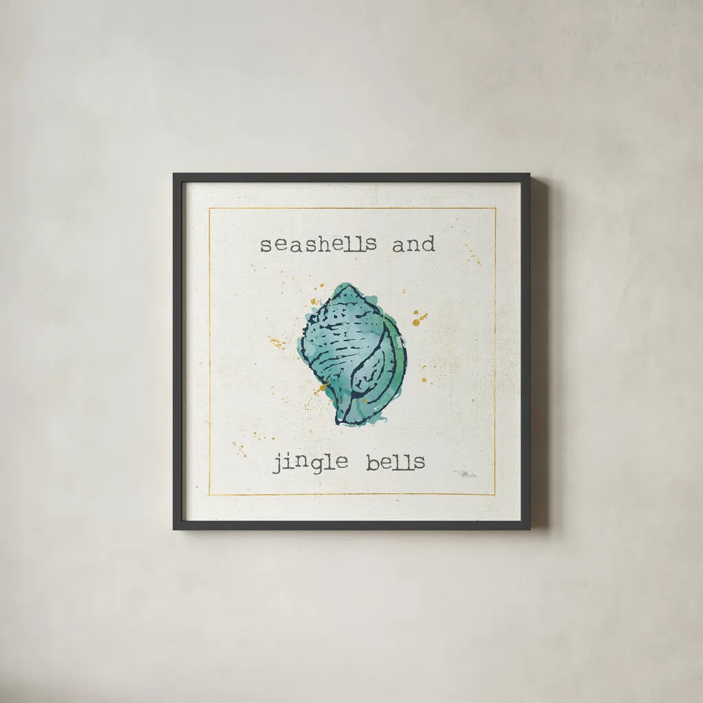 Sea Treasures I Jingle Bells by Pela Studio. Shown in a sleek black glass frame for a contemporary gallery look. Available as an archival giclee rolled canvas, fine art paper, or poster print. SKU 47618a.