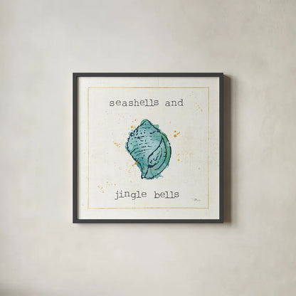 Sea Treasures I Jingle Bells by Pela Studio. Shown in a sleek black glass frame for a contemporary gallery look. Available as an archival giclee rolled canvas, fine art paper, or poster print. SKU 47618a.