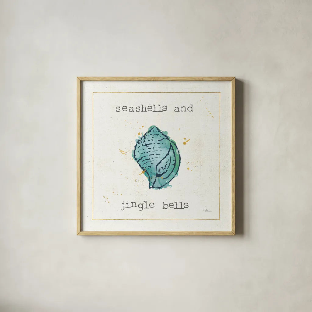 Sea Treasures I Jingle Bells by Pela Studio. Shown in a natural wood glass frame for a timeless modern aesthetic. Available as an archival giclee rolled canvas, fine art paper, or poster print. SKU 47618a.