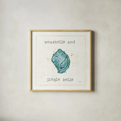 Sea Treasures I Jingle Bells by Pela Studio. Shown in a natural wood glass frame for a timeless modern aesthetic. Available as an archival giclee rolled canvas, fine art paper, or poster print. SKU 47618a.