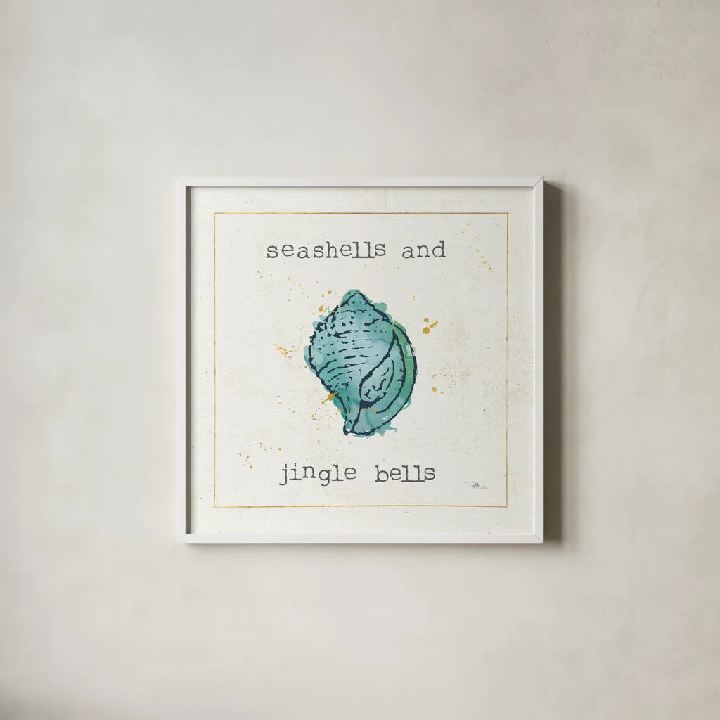 Sea Treasures I Jingle Bells by Pela Studio. Shown in a crisp white glass frame for a clean and minimalist style. Available as an archival giclee rolled canvas, fine art paper, or poster print. SKU 47618a.