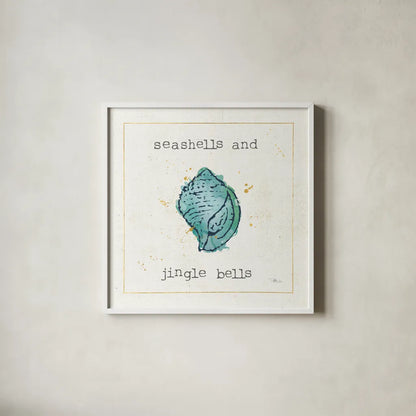 Sea Treasures I Jingle Bells by Pela Studio. Shown in a crisp white glass frame for a clean and minimalist style. Available as an archival giclee rolled canvas, fine art paper, or poster print. SKU 47618a.