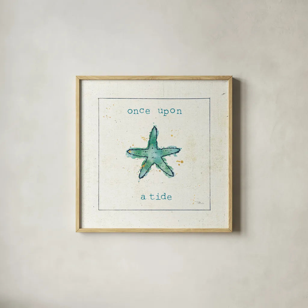 Sea Treasures III - Once Upon a Tide by Pela Studio. Shown in a natural wood glass frame for a timeless modern aesthetic. Available as an archival giclee rolled canvas, fine art paper, or poster print. SKU 46973a.