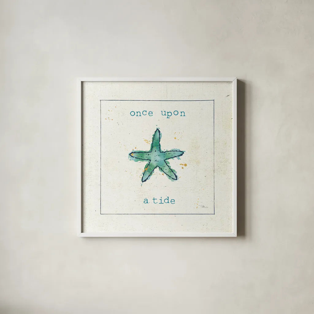 Sea Treasures III - Once Upon a Tide by Pela Studio. Shown in a crisp white glass frame for a clean and minimalist style. Available as an archival giclee rolled canvas, fine art paper, or poster print. SKU 46973a.