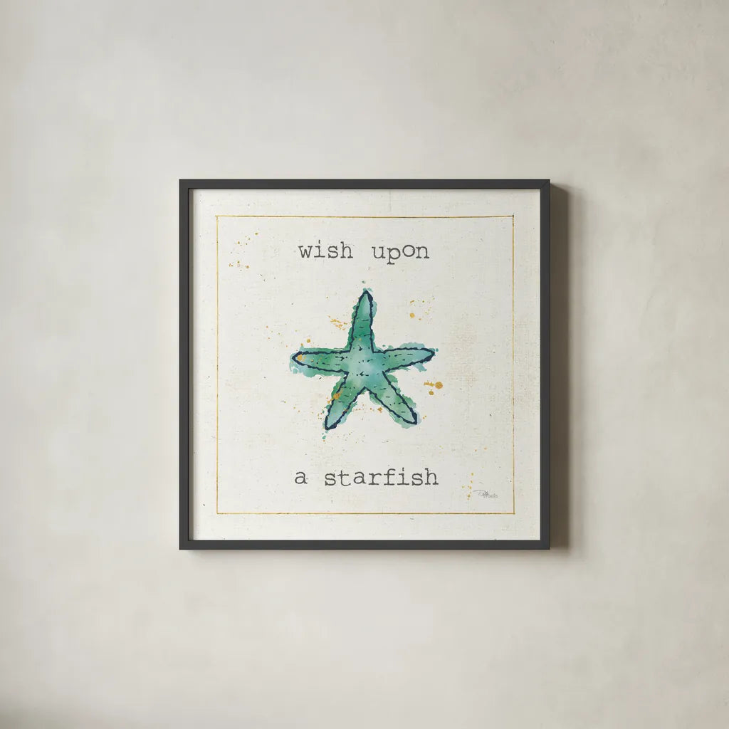 Sea Treasures III Wish by Pela Studio. Shown in a sleek black glass frame for a contemporary gallery look. Available as an archival giclee rolled canvas, fine art paper, or poster print. SKU 47619a.