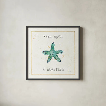 Sea Treasures III Wish by Pela Studio. Shown in a sleek black glass frame for a contemporary gallery look. Available as an archival giclee rolled canvas, fine art paper, or poster print. SKU 47619a.