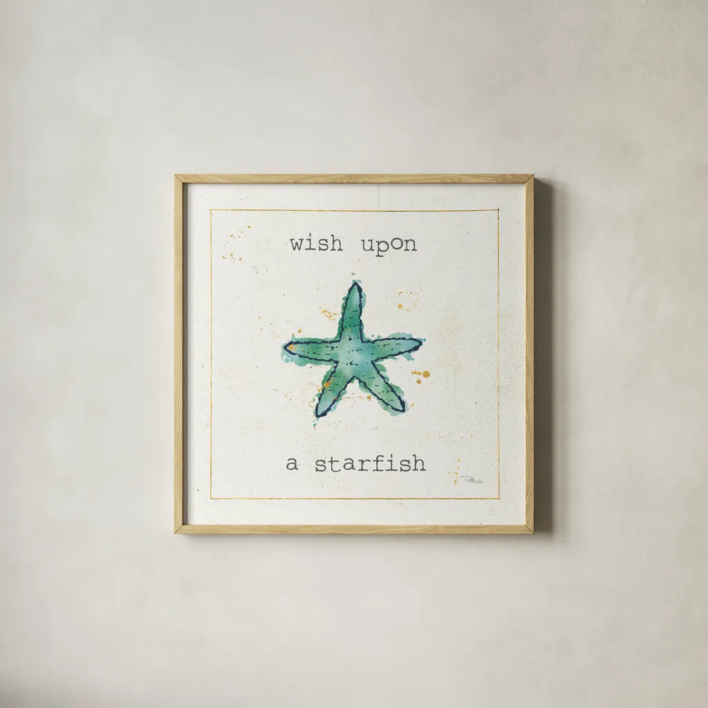 Sea Treasures III Wish by Pela Studio. Shown in a natural wood glass frame for a timeless modern aesthetic. Available as an archival giclee rolled canvas, fine art paper, or poster print. SKU 47619a.