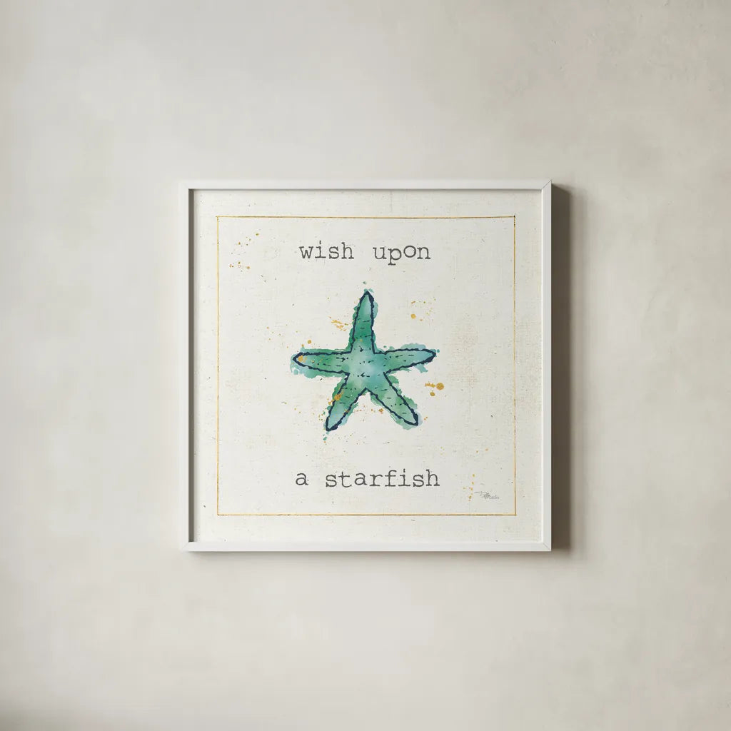 Sea Treasures III Wish by Pela Studio. Shown in a crisp white glass frame for a clean and minimalist style. Available as an archival giclee rolled canvas, fine art paper, or poster print. SKU 47619a.