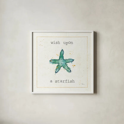 Sea Treasures III Wish by Pela Studio. Shown in a crisp white glass frame for a clean and minimalist style. Available as an archival giclee rolled canvas, fine art paper, or poster print. SKU 47619a.