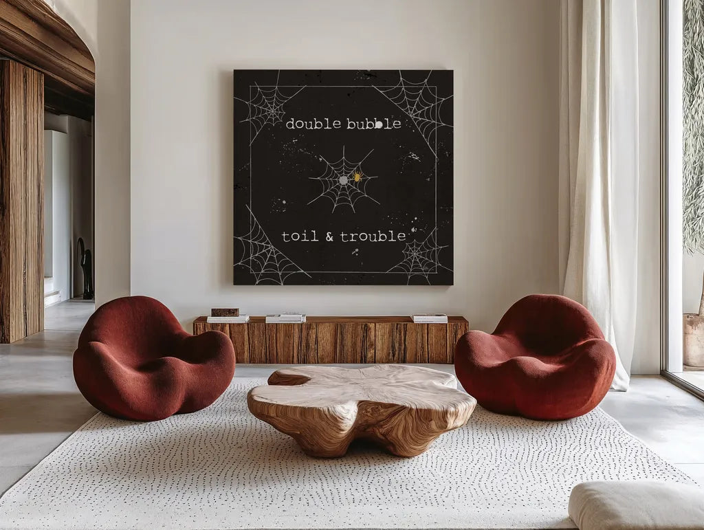 Spooky Cuties I Web by Pela Studio. Shown as extra-large giant wall art in a modern living room. Available as an archival giclee rolled canvas, fine art paper, or poster print. SKU 47500a.