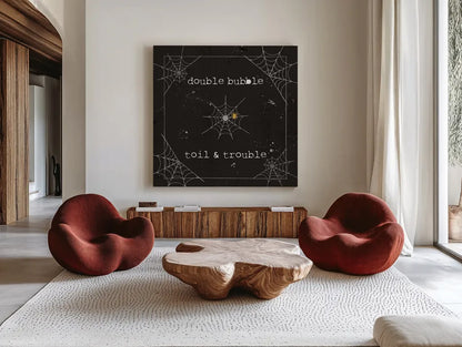Spooky Cuties I Web by Pela Studio. Shown as extra-large giant wall art in a modern living room. Available as an archival giclee rolled canvas, fine art paper, or poster print. SKU 47500a.