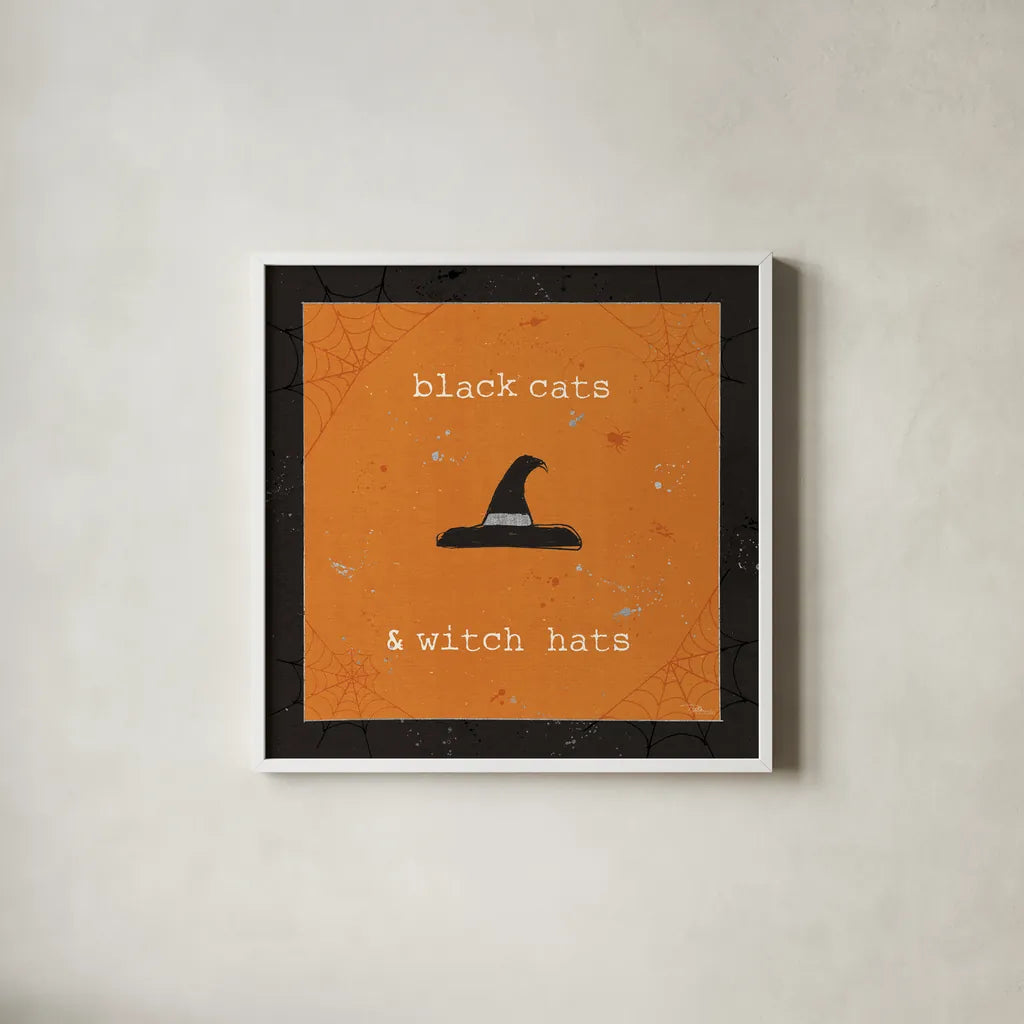 Spooky Cuties II Witch Hats by Pela Studio. Shown in a crisp white glass frame for a clean and minimalist style. Available as an archival giclee rolled canvas, fine art paper, or poster print. SKU 47584a.