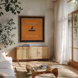 Spooky Cuties II Witch Hats by Pela Studio. Shown in a natural wood frame in a cozy modern living room. Available as an archival giclee rolled canvas, fine art paper, or poster print. SKU 47584a.