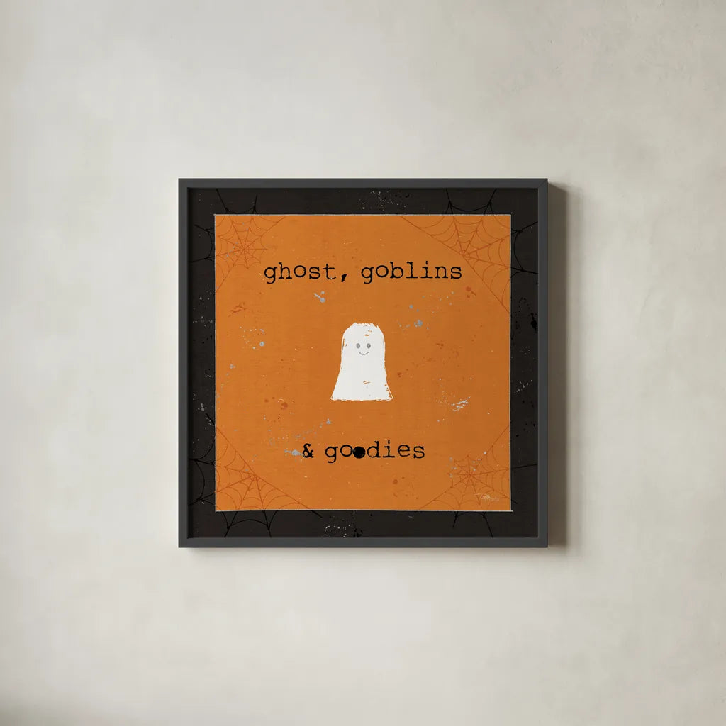 Spooky Cuties III Ghost by Pela Studio. Shown in a sleek black glass frame for a contemporary gallery look. Available as an archival giclee rolled canvas, fine art paper, or poster print. SKU 47501a.