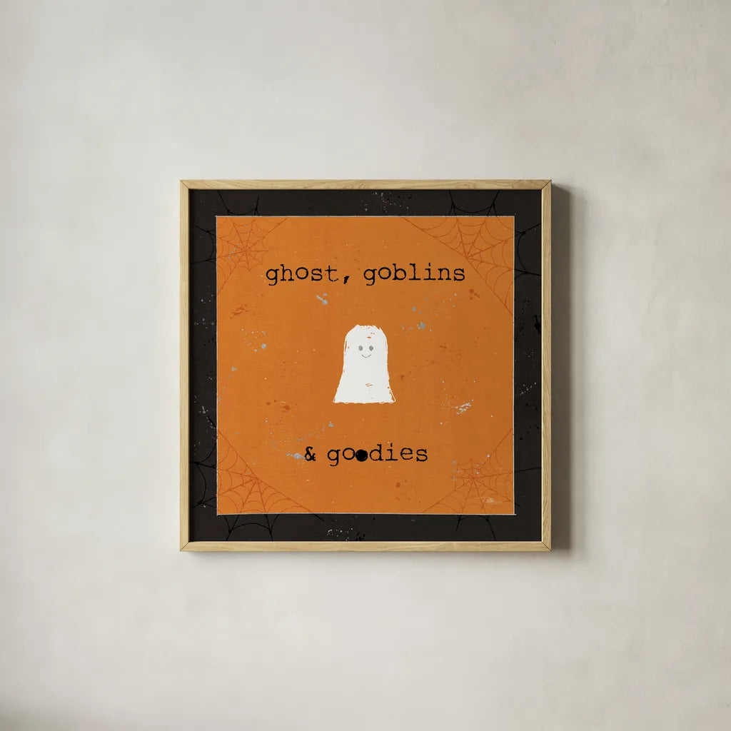 Spooky Cuties III Ghost by Pela Studio. Shown in a natural wood glass frame for a timeless modern aesthetic. Available as an archival giclee rolled canvas, fine art paper, or poster print. SKU 47501a.