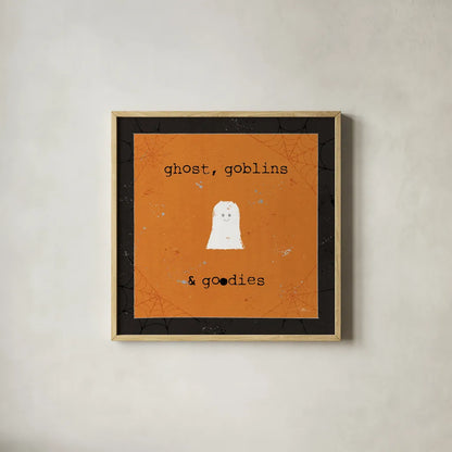 Spooky Cuties III Ghost by Pela Studio. Shown in a natural wood glass frame for a timeless modern aesthetic. Available as an archival giclee rolled canvas, fine art paper, or poster print. SKU 47501a.