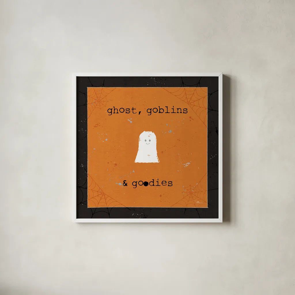 Spooky Cuties III Ghost by Pela Studio. Shown in a crisp white glass frame for a clean and minimalist style. Available as an archival giclee rolled canvas, fine art paper, or poster print. SKU 47501a.