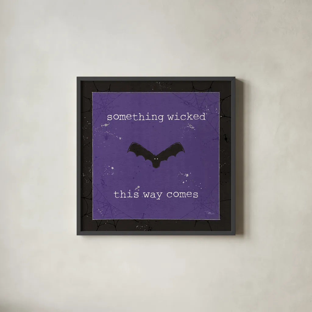 Spooky Cuties IV Purple by Pela Studio. Shown in a sleek black glass frame for a contemporary gallery look. Available as an archival giclee rolled canvas, fine art paper, or poster print. SKU 47502a.