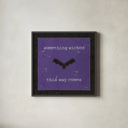 Spooky Cuties IV Purple by Pela Studio. Shown in a sleek black glass frame for a contemporary gallery look. Available as an archival giclee rolled canvas, fine art paper, or poster print. SKU 47502a.