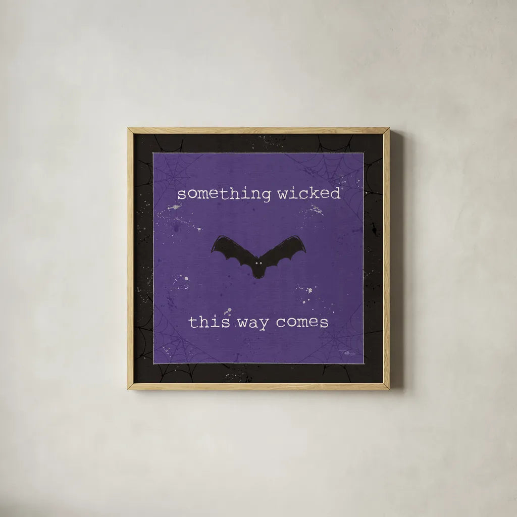 Spooky Cuties IV Purple by Pela Studio. Shown in a natural wood glass frame for a timeless modern aesthetic. Available as an archival giclee rolled canvas, fine art paper, or poster print. SKU 47502a.