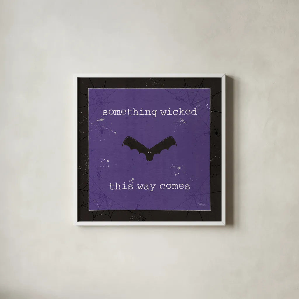 Spooky Cuties IV Purple by Pela Studio. Shown in a crisp white glass frame for a clean and minimalist style. Available as an archival giclee rolled canvas, fine art paper, or poster print. SKU 47502a.