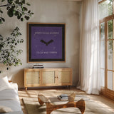 Spooky Cuties IV Purple by Pela Studio. Shown in a natural wood frame in a cozy modern living room. Available as an archival giclee rolled canvas, fine art paper, or poster print. SKU 47502a.